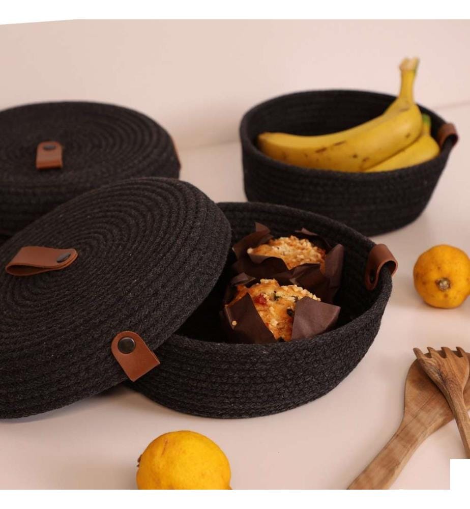Panier en coton, 3 pièces, noir, 100% coton, corde de jute, fait à la main