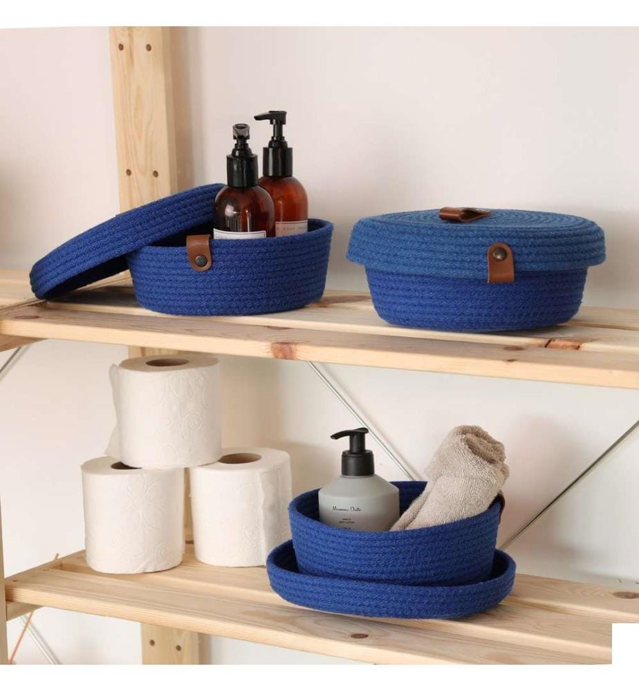 Panier en coton, 3 pièces, bleu, 100% coton corde de jute, fait à la main