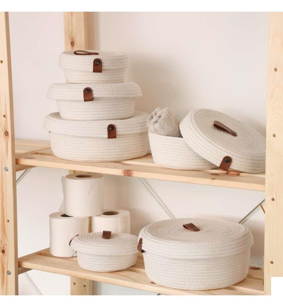 Panier en coton, 6 pièces, écru, 100% coton, corde de jute, fait à la main