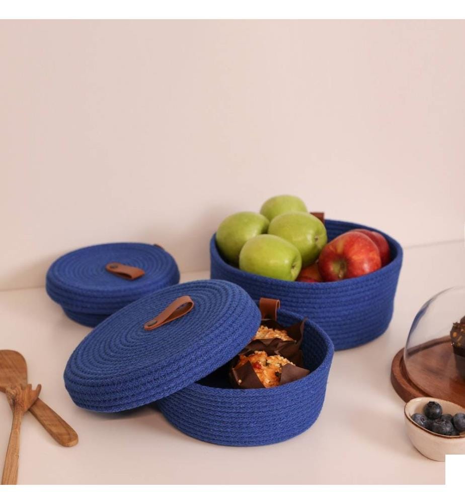 Panier en coton, 3 pièces, bleu, 100% coton corde de jute, fait à la main