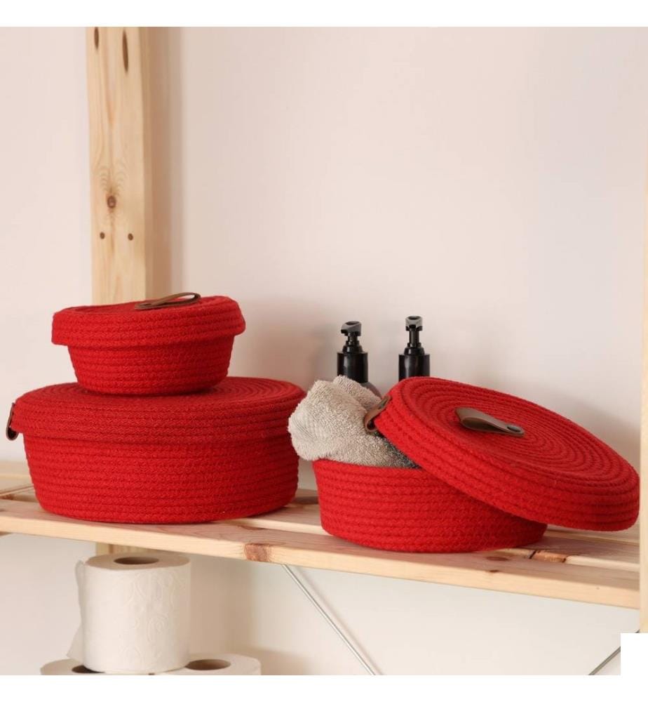 Panier en coton, 3 pièces, rouge, 100% coton, corde de jute, fait à la main