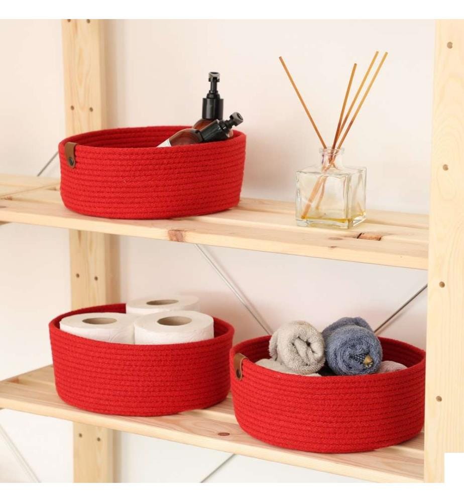 Panier en coton, 3 pièces, rouge, 100% coton, corde de jute, fait à la main