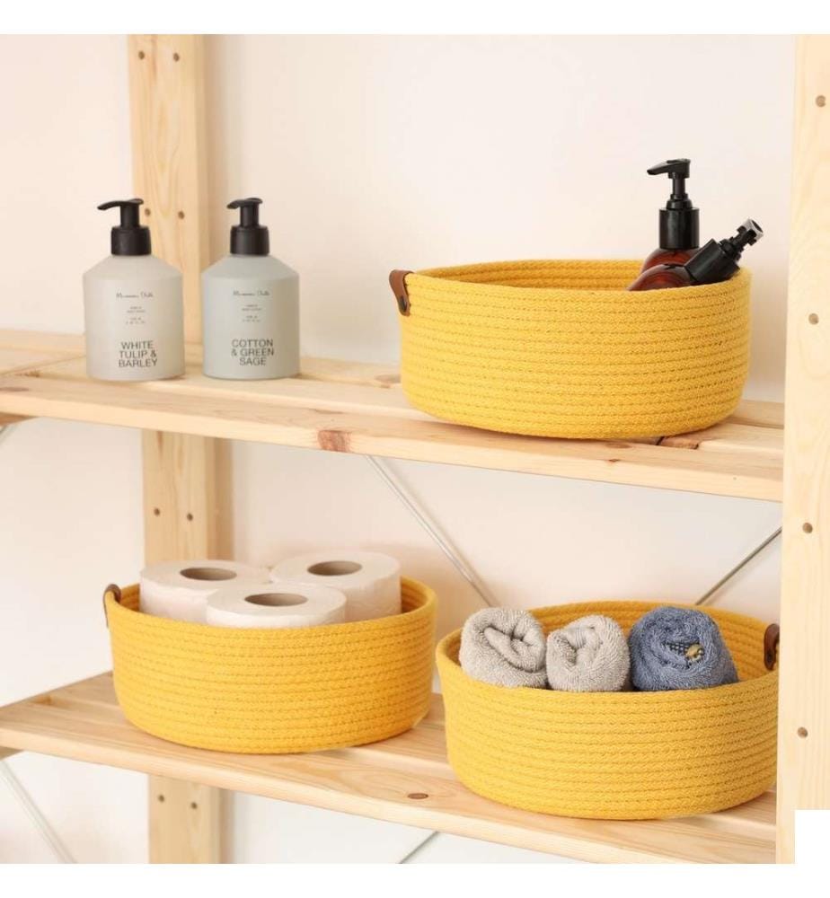 Panier en coton, 3 pièces, jaune, 100% coton corde de jute, fait à la main