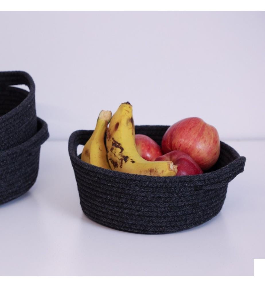 Panier en coton, 3 pièces, noir, 100% coton, corde de jute, fait à la main