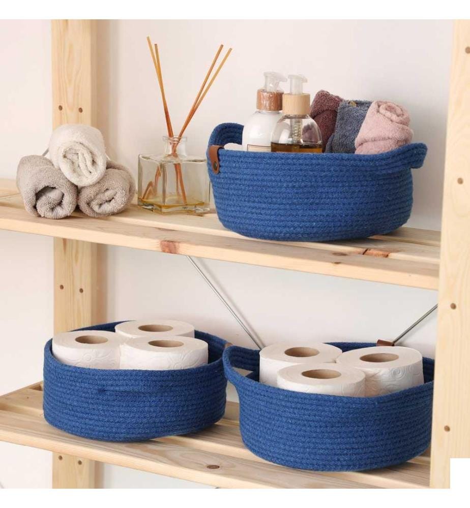 Panier en coton, 3 pièces, bleu, 100% coton corde de jute, fait à la main