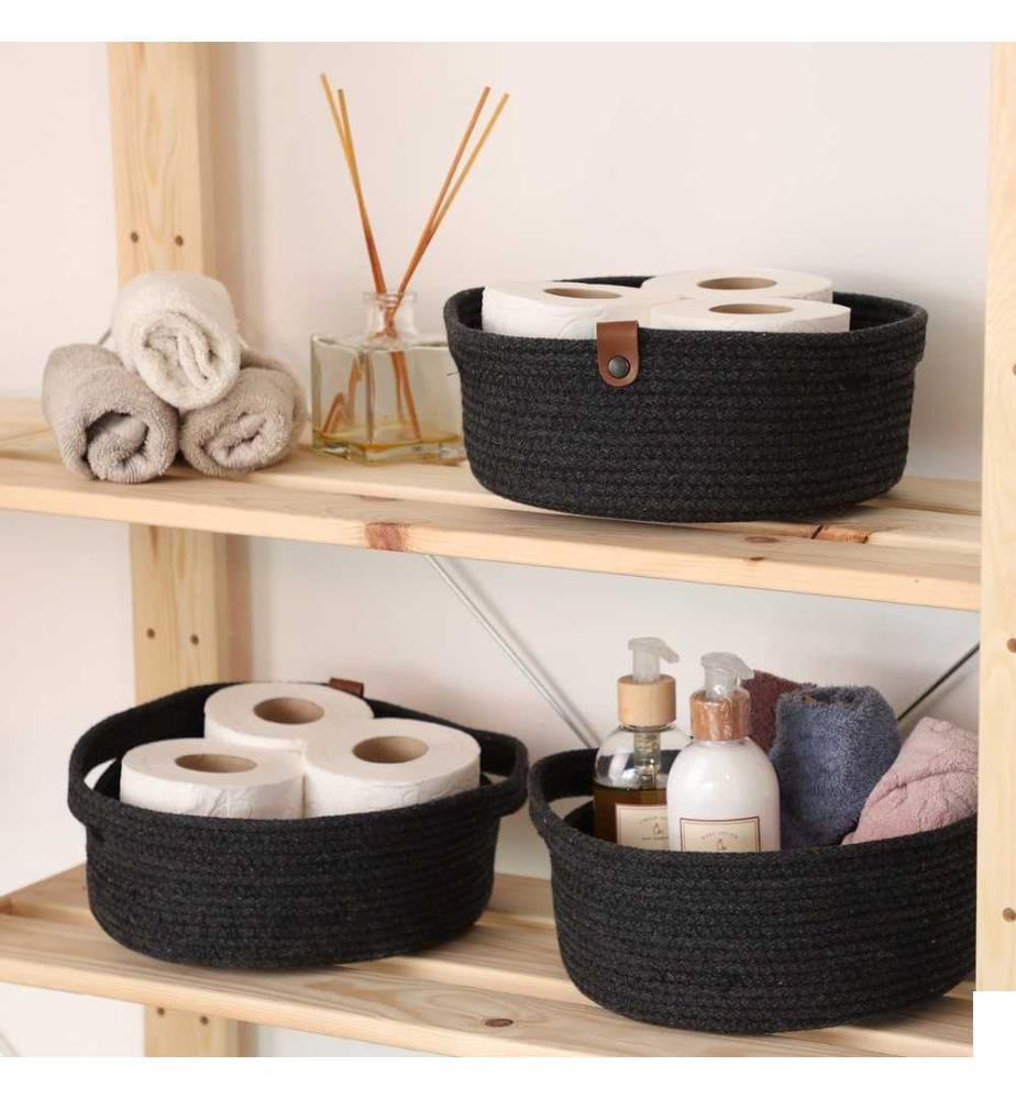 Panier en coton, 3 pièces, noir, 100% coton, corde de jute, fait à la main