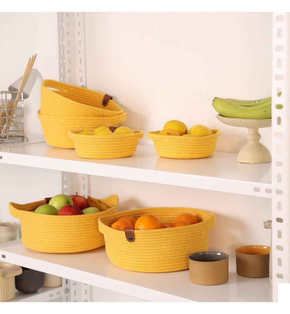 Panier en coton, 6 pièces, jaune, 100% coton, corde de jute, fait à la main