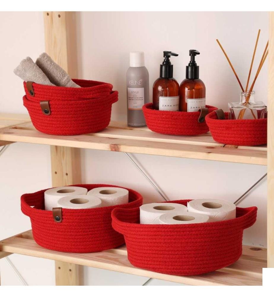 Panier en coton, 6 pièces, rouge, 100% coton, corde de jute, fait à la main