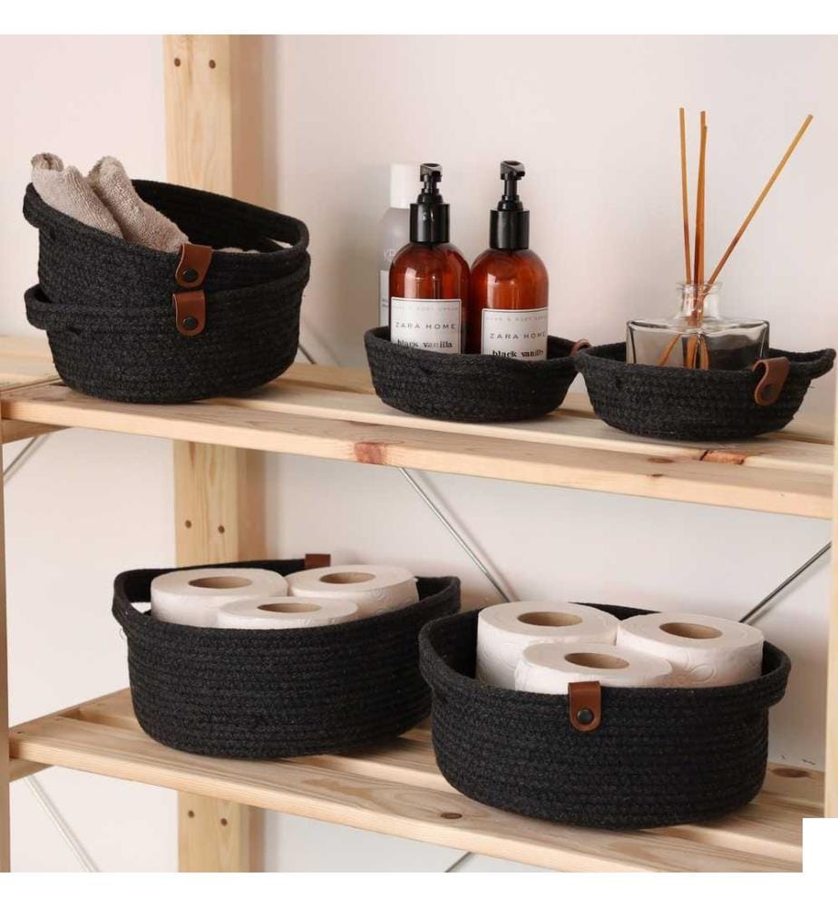 Panier en coton, 6 pièces, noir, 100% coton, corde de jute, fait à la main