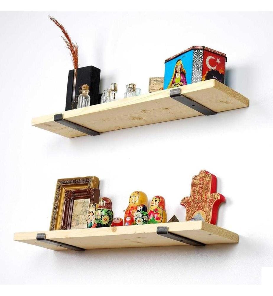 Etagère murale décorative en bois, chêne noir, bois d'épicéa, base en métal