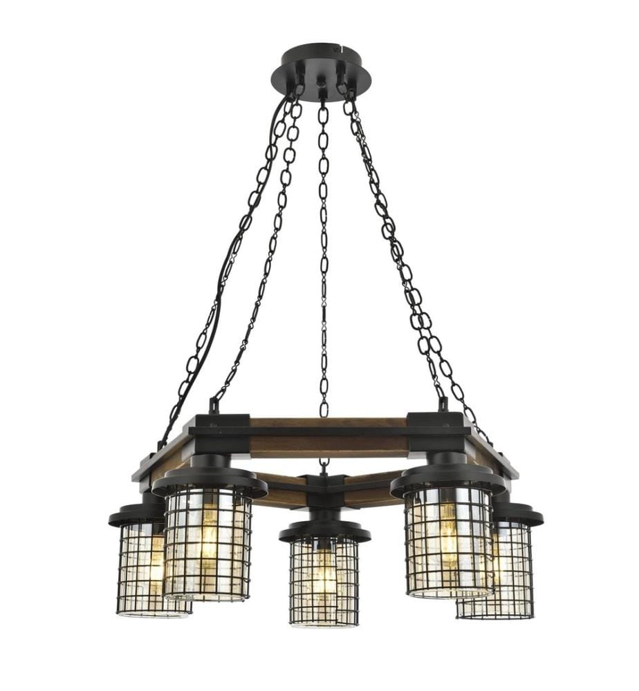Lustre, Noir, Chêne, Corps en Métal, Chapeau en Verre