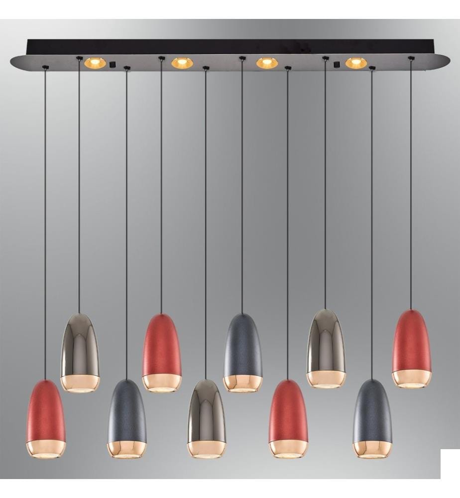 Lustre, Rouge, Bleu, Gris, Corps en Métal, Chapeau en Verre Opale