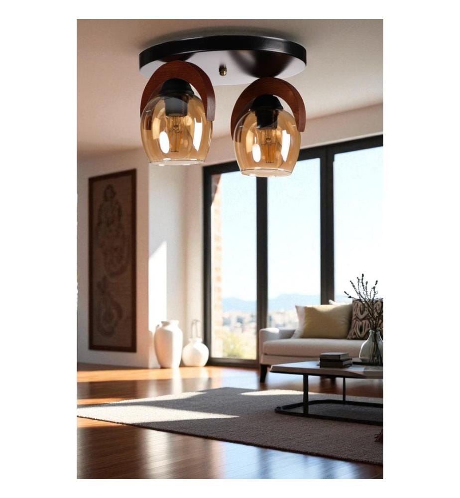 Lustre, miel, noyer, noir, corps en métal avec détails en bois