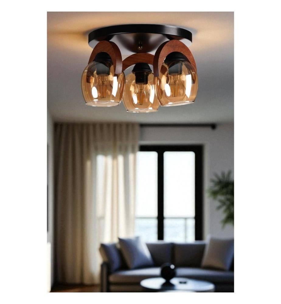 Lustre, miel, noyer, noir, corps en métal avec détails en bois