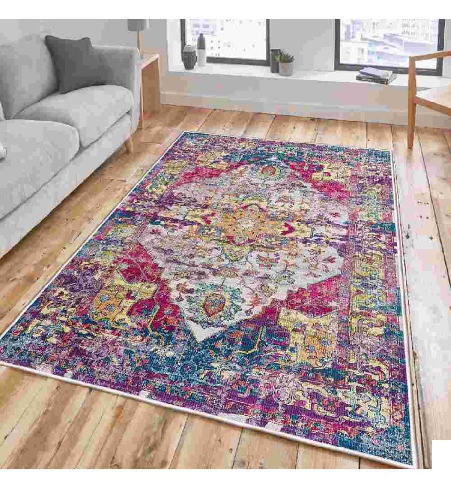 Tapis, crème, rose, jaune, bleu, violet, 100% coton, 80 x 120 cm