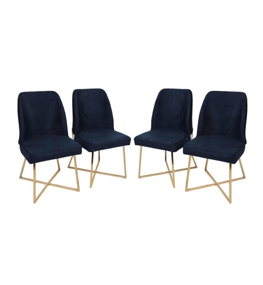 Ensemble de chaises, 4 pièces, or bleu foncé, structure en métal, tissu velours - siège en simili cuir