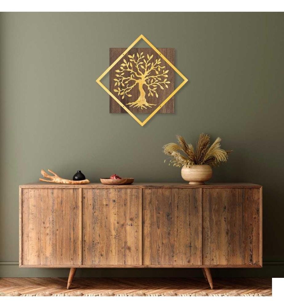 Accessoire mural décoratif en bois, noyer doré, 50% bois - 50% métal