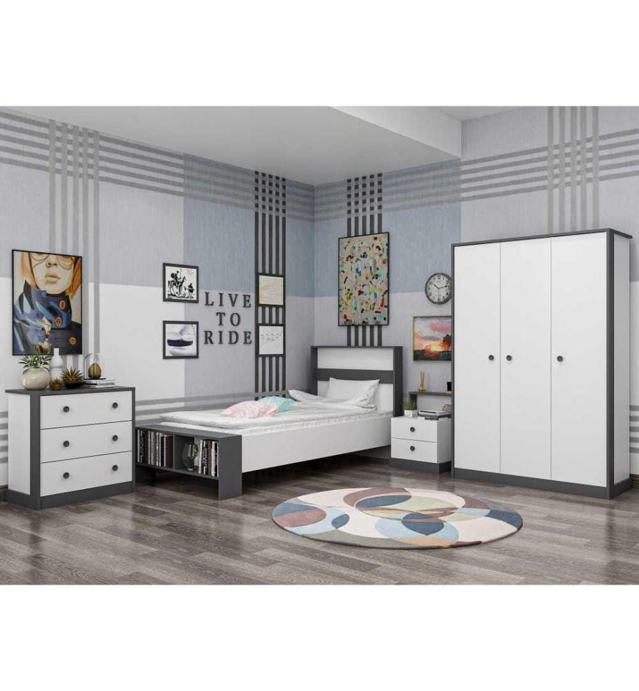 Ensemble de meubles de chambre à coucher, anthracite, blanc, panneau de particules mélaminé