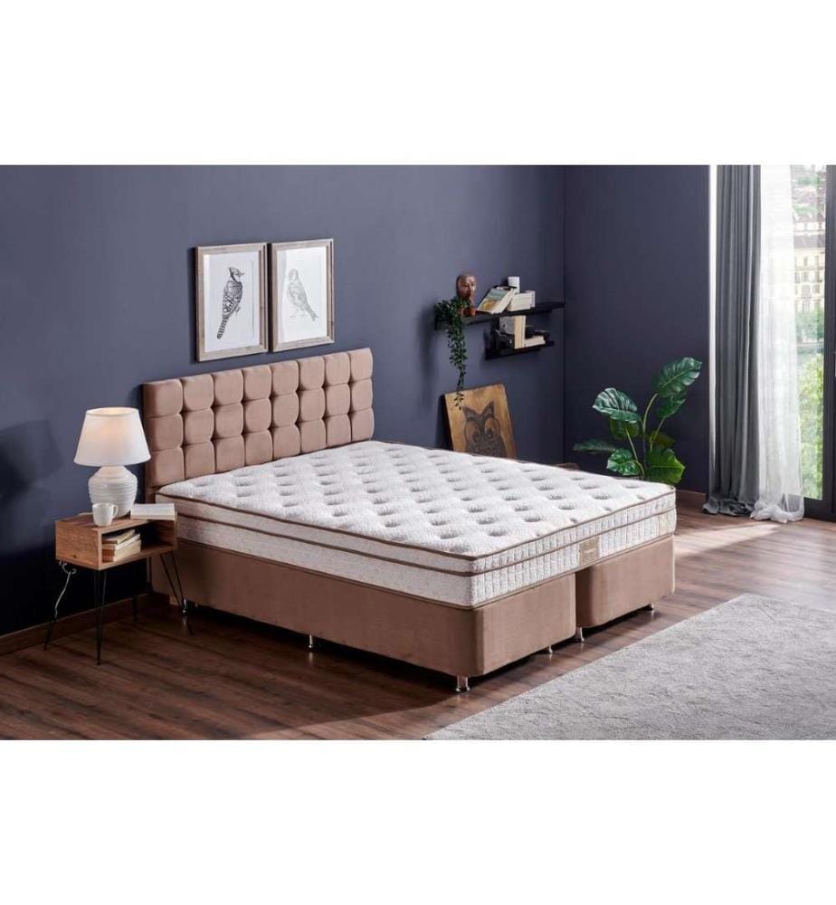 Matelas, sommier et tête de lit pour une personne, Light Brown, cadre en acier, tissu Soho