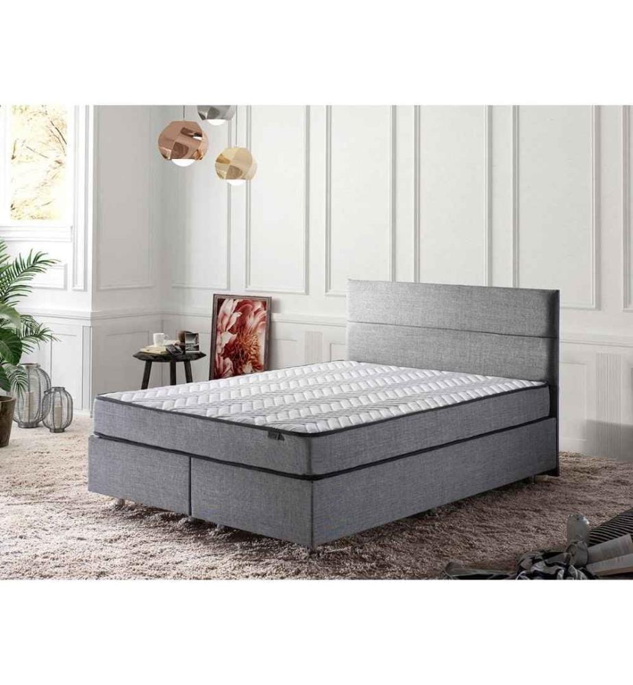 Matelas double, sommier et tête de lit, gris, cadre en acier, tissu Soho