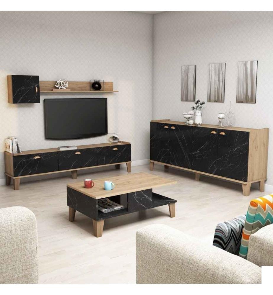 Ensemble de meubles de salon, chêne, marbre, panneaux de particules mélaminés