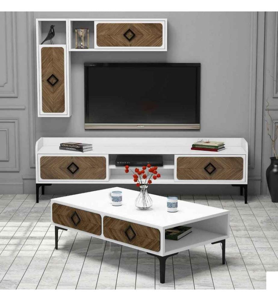 Ensemble de meubles de salon, blanc, noyer, panneaux de particules mélaminés