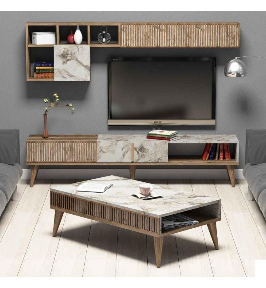 Ensemble de meubles de salon, noyer, blanc, panneaux de particules mélaminés