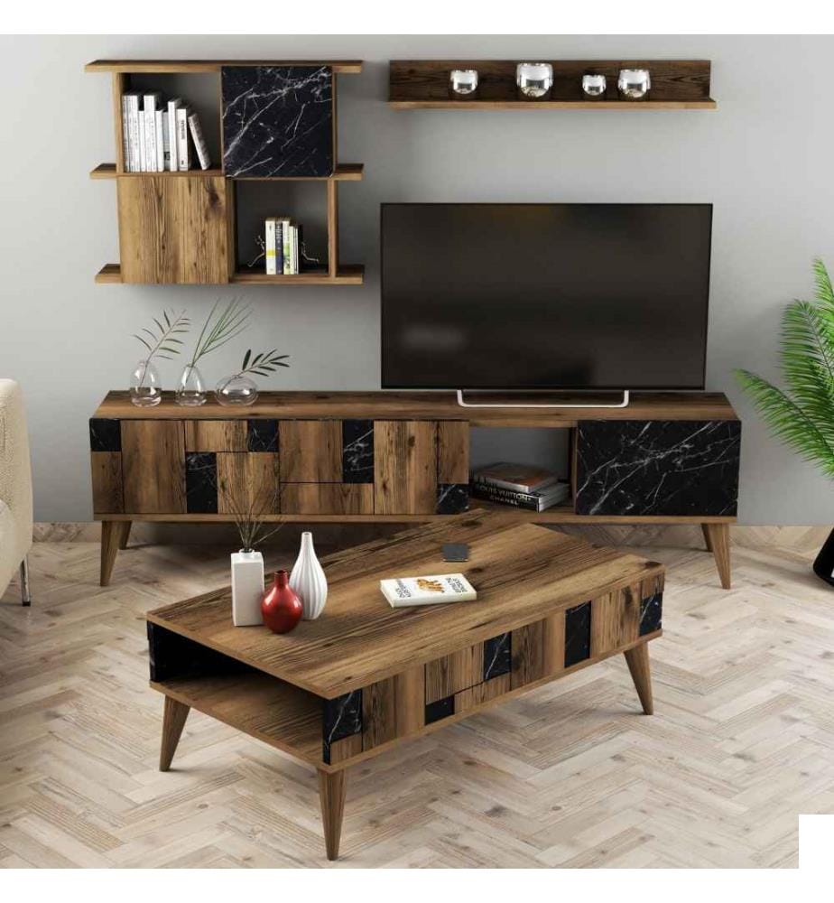 Ensemble de meubles de salon, noyer, noir, panneaux de particules mélaminés