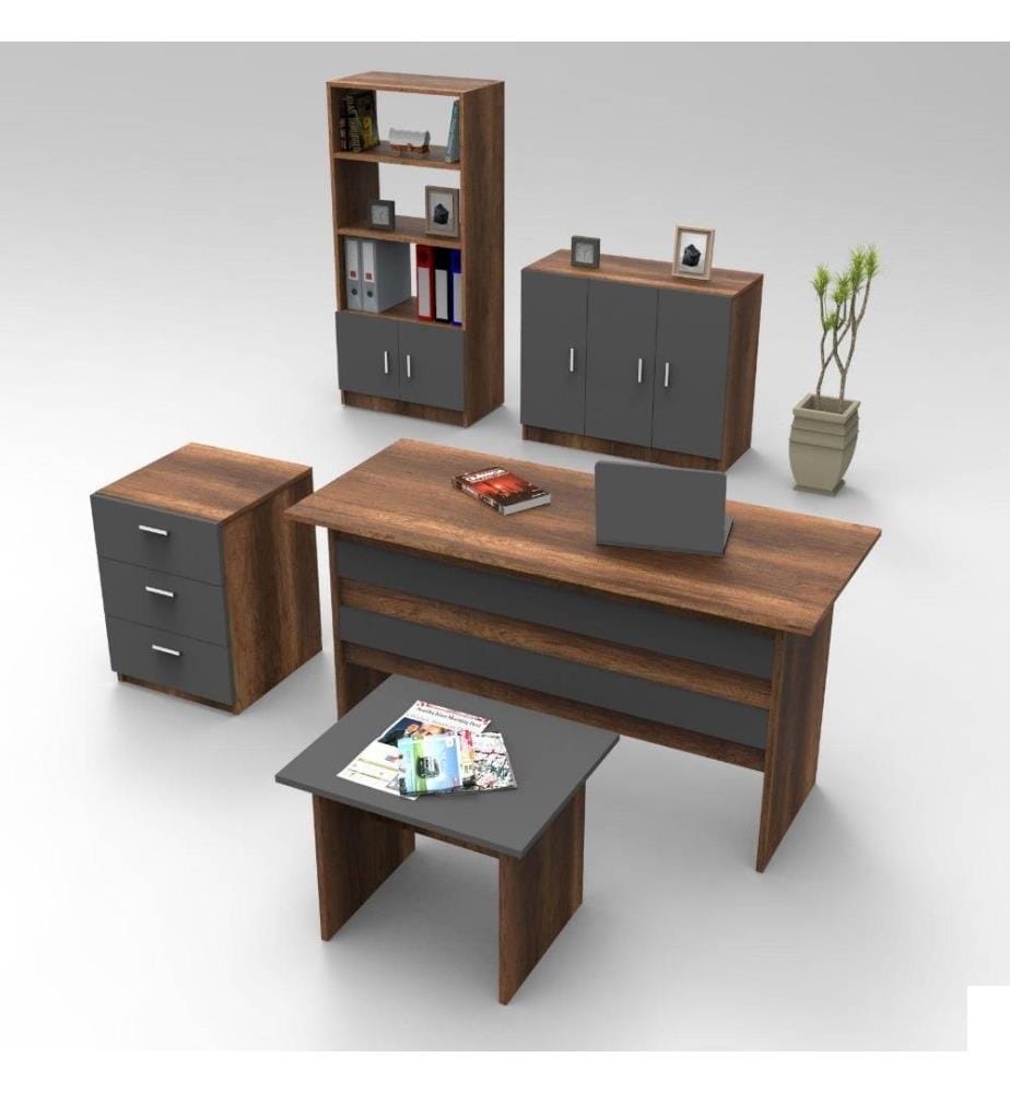 Ensemble de meubles de bureau, noyer, anthracite, panneau de particules mélaminé