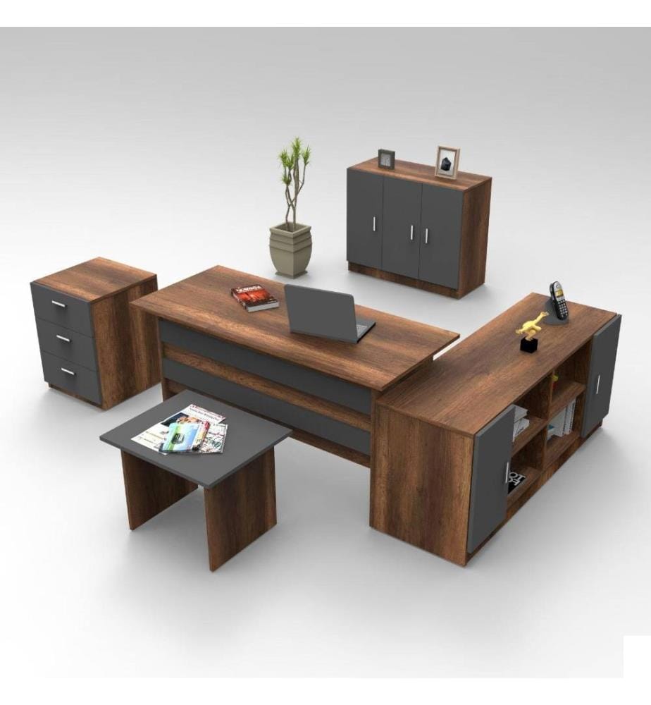 Ensemble de meubles de bureau, noyer, anthracite, panneau de particules mélaminé