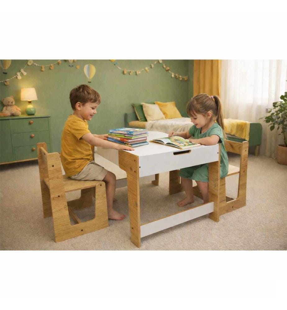 Ensemble table et chaises pour enfants, 100 % MDF, blanc, naturel