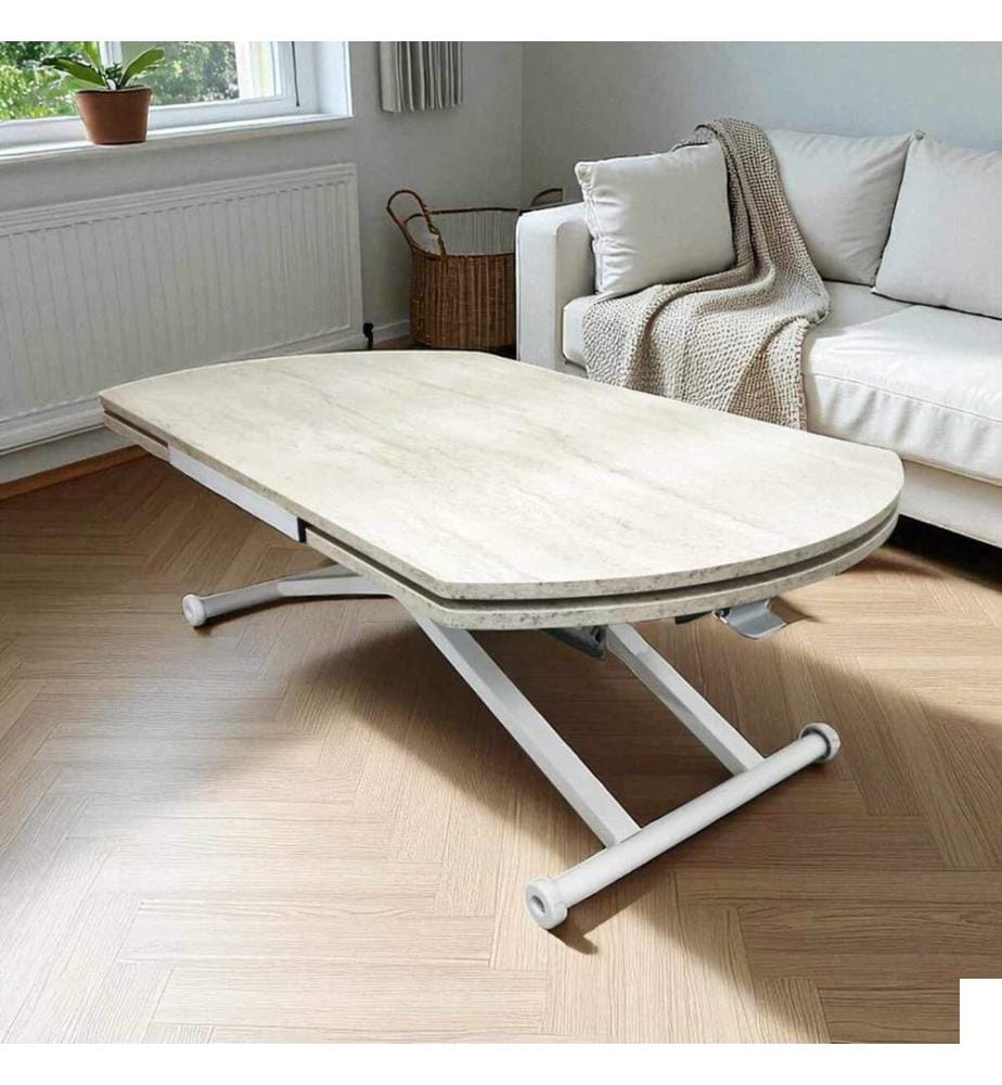 Table de salle à manger extensible, 100 % MDF, travertin, blanc
