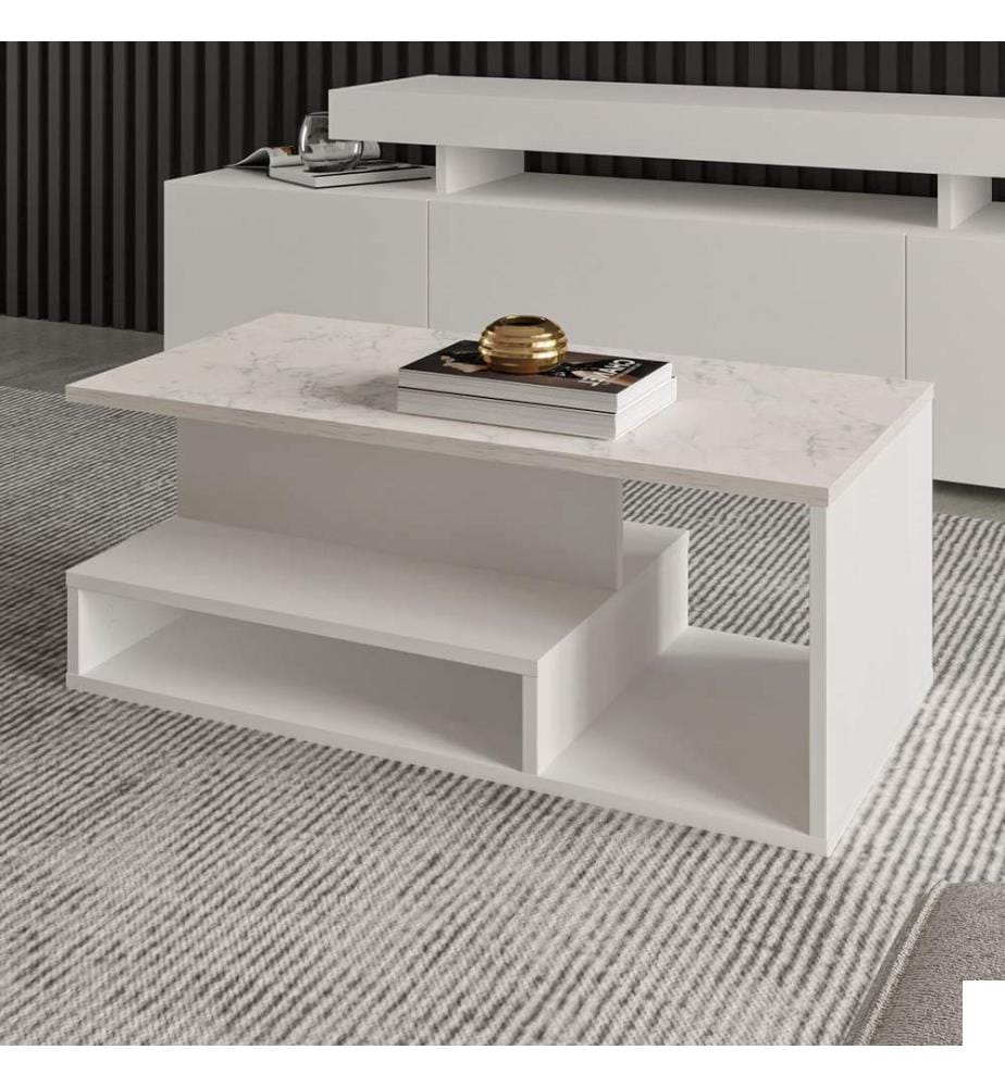 Table basse, panneau de particules 100 % mélaminé, blanc, marbre