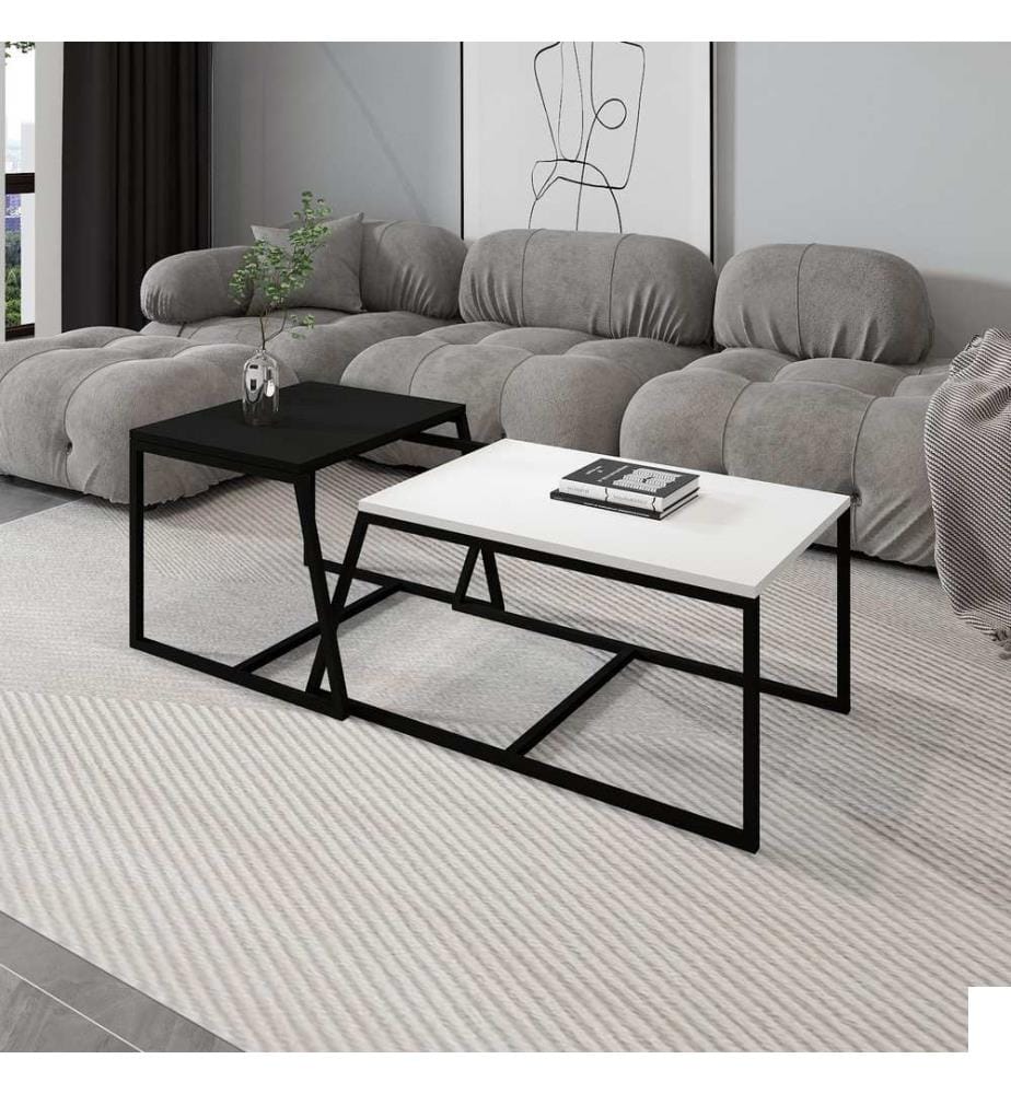 Ensemble table basse, panneau de particules 100 % mélaminé, blanc et noir