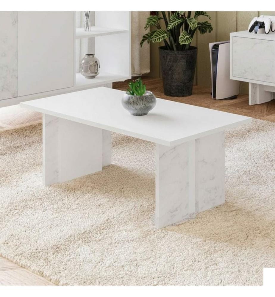 Table basse, panneau de particules 100 % mélaminé, blanc, marbre