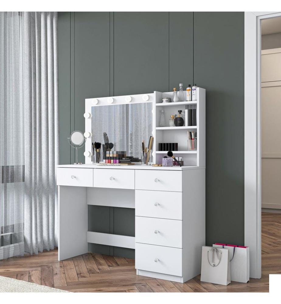 Table de maquillage, panneau de particules mélaminé 100 % qualité E1, blanc