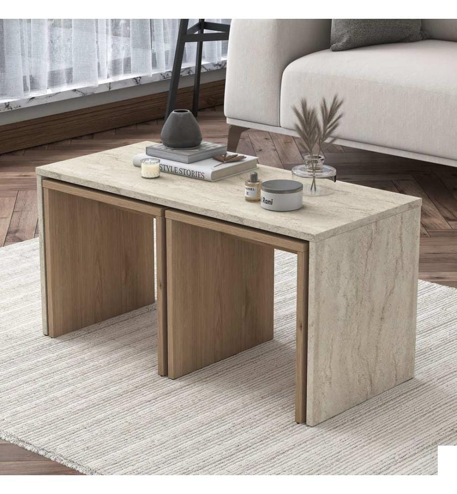 Ensemble table basse, panneaux de particules mélaminés de qualité E1, travertin