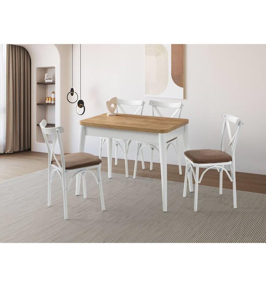 Table de salle à manger extensible, panneau de particules 100 % mélaminé, chêne, blanc