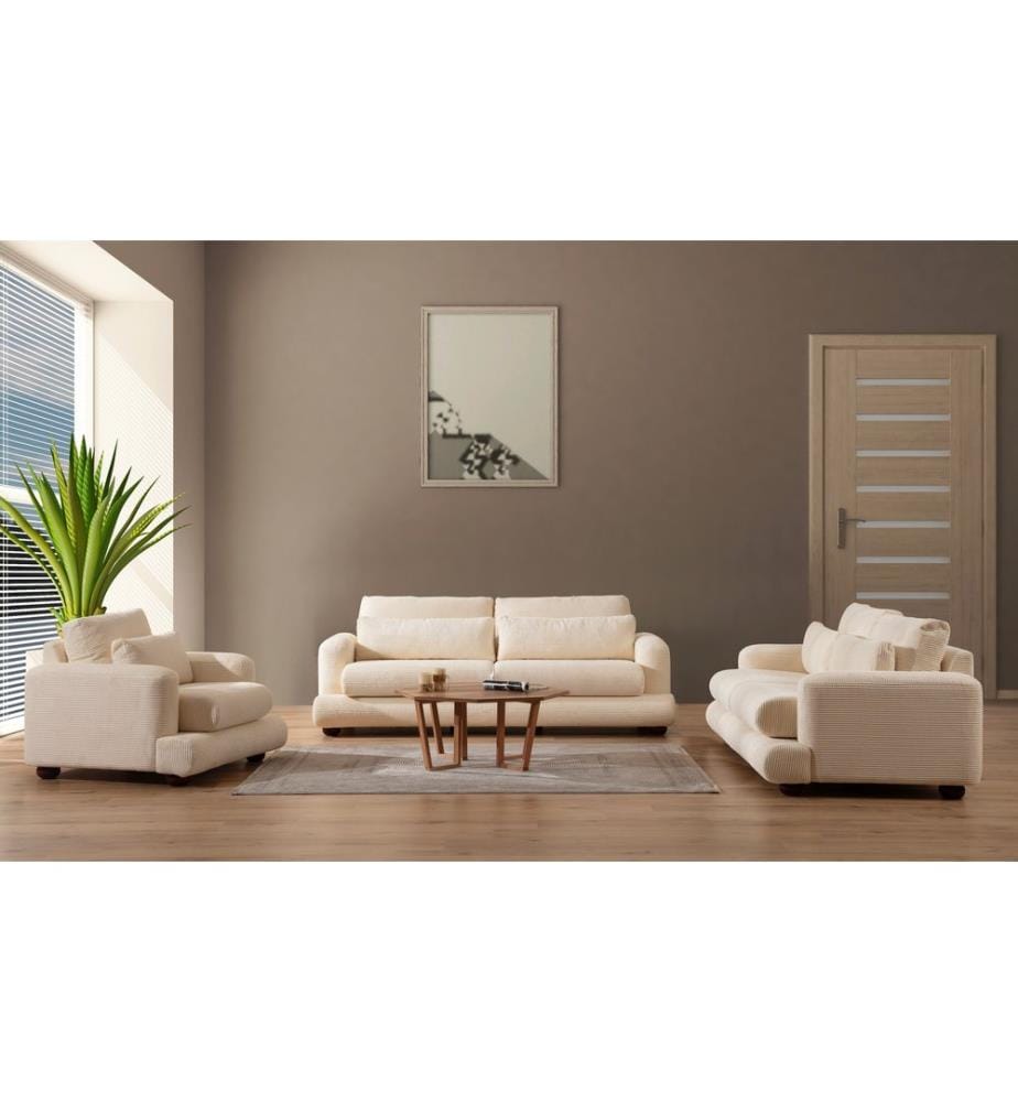 Canapé 3 places, beige, châssis : Bois de hêtre / Chipboard, tissu : 100% polyester