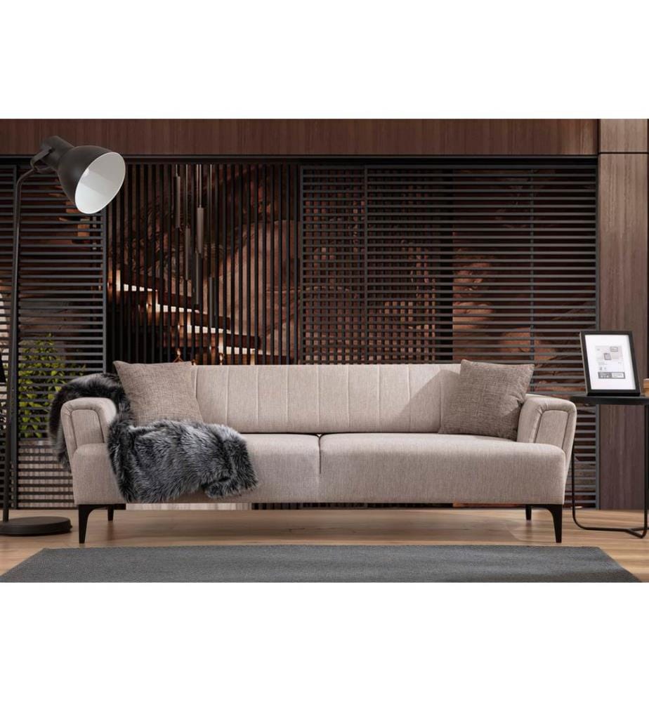 Canapé-lit 3 places, beige, châssis : Bois de hêtre / Chipboard, tissu : 100% polyester