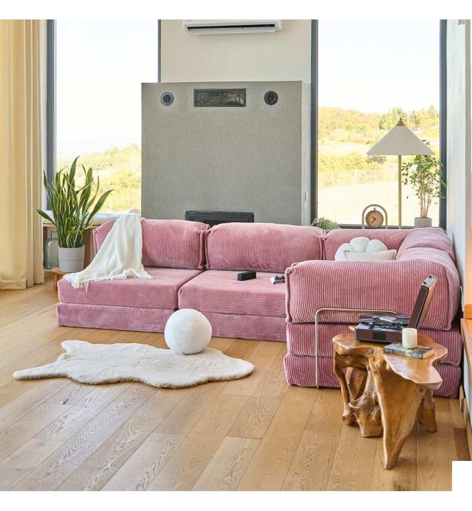 Canapé d'angle convertible, 100 % tissu peluche côtelé, rose