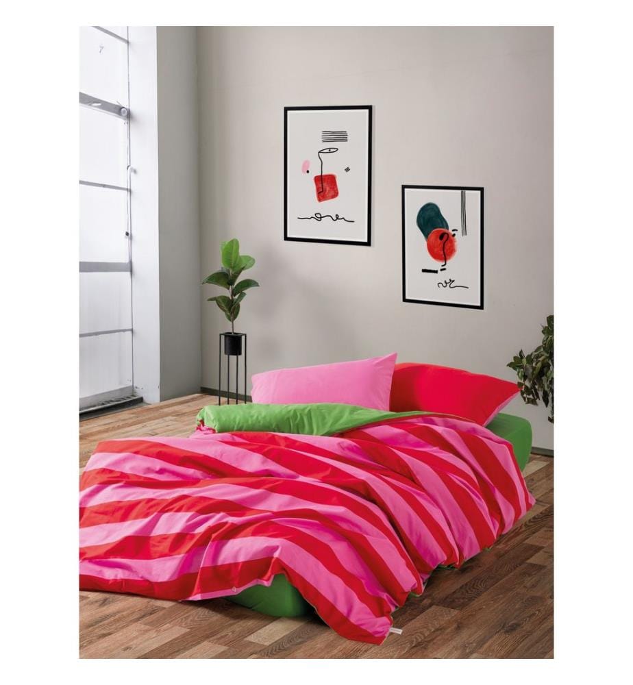 Ensemble de housse de couette Ranforce King, vert, rose, fuchsia, 100 % COTON RANFORCE