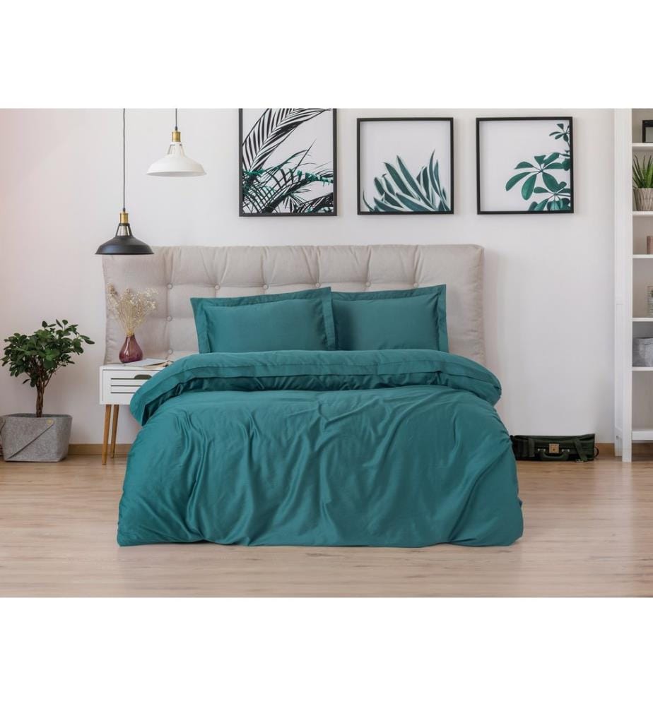 Ensemble housse de couette en satin, bleu pétrole, 100 % SATIN DE COTON