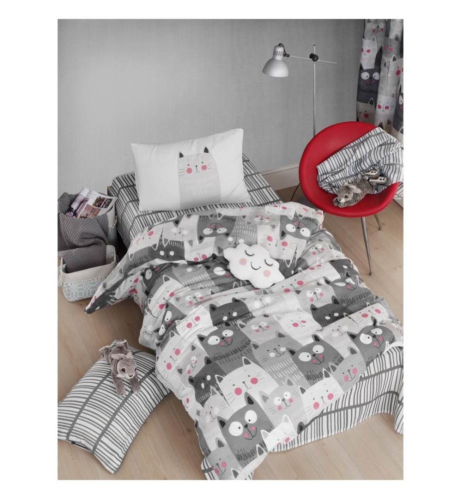 Ensemble housse de couette simple, blanc, gris, noir, 65 % COTON / 35 % POLYESTER