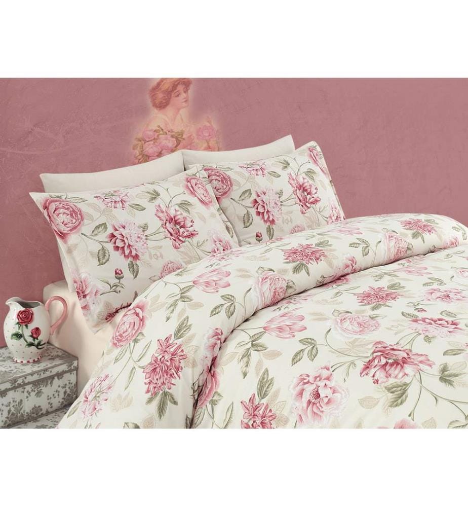 Ensemble housse de couette king size, rose, crème, vert, 65 % COTON / 35 % POLYESTER