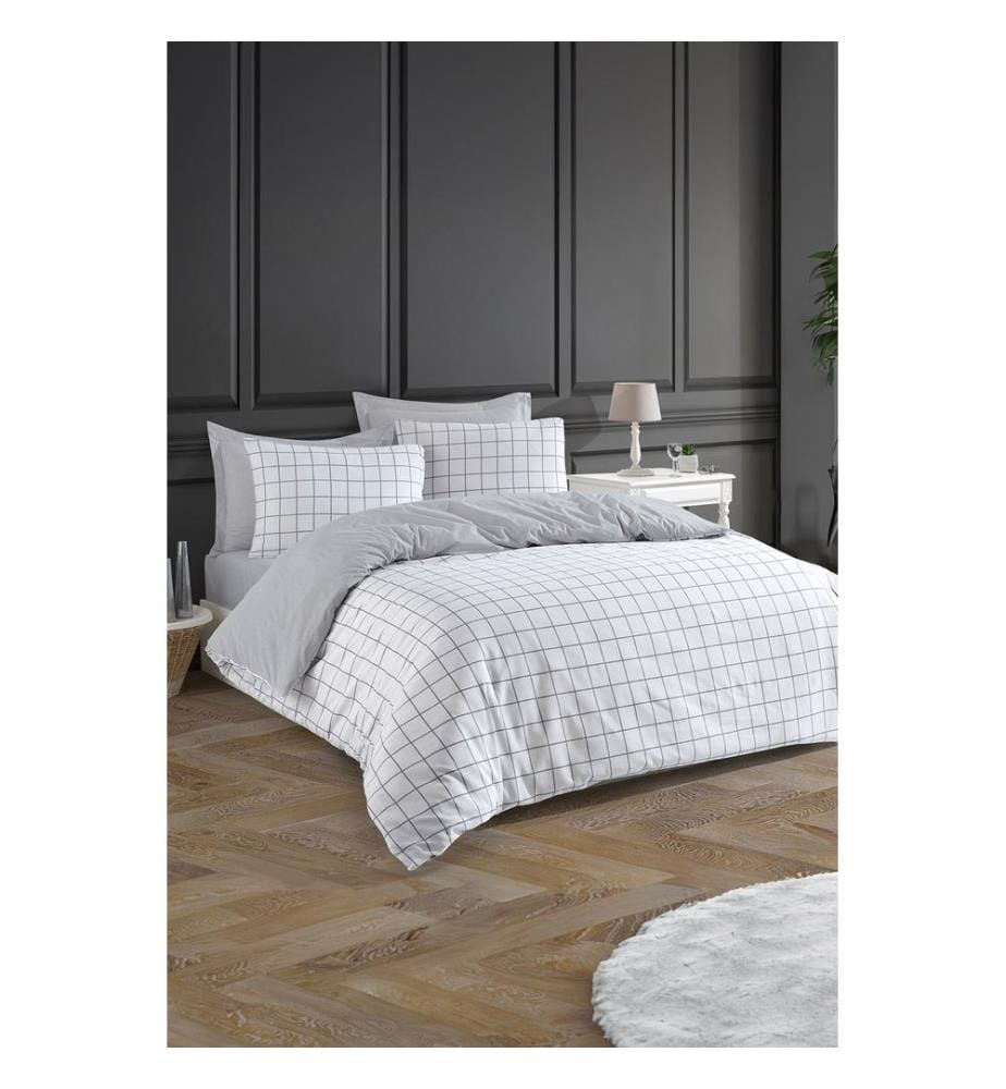 Ensemble de housse de couette super king, gris, blanc, 65 % COTON / 35 % POLYESTER