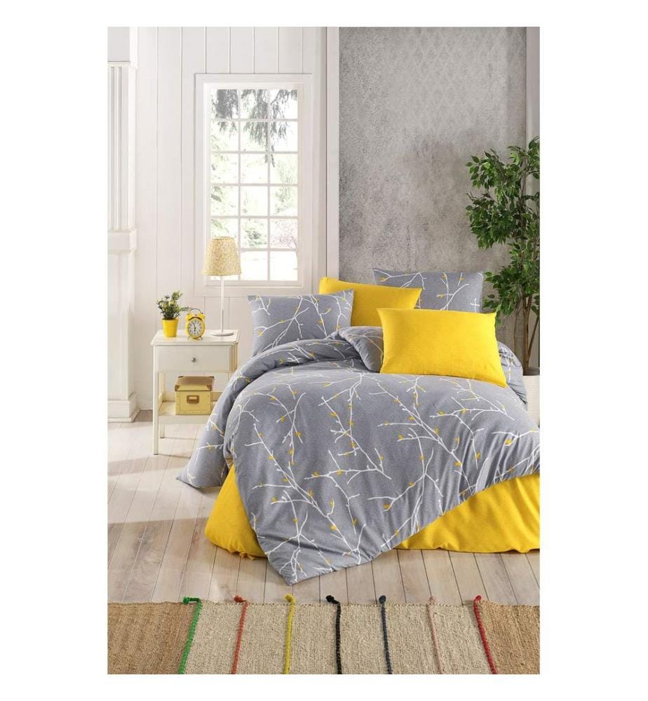 Ensemble housse de couette simple, gris, jaune, 65 % COTON / 35 % POLYESTER