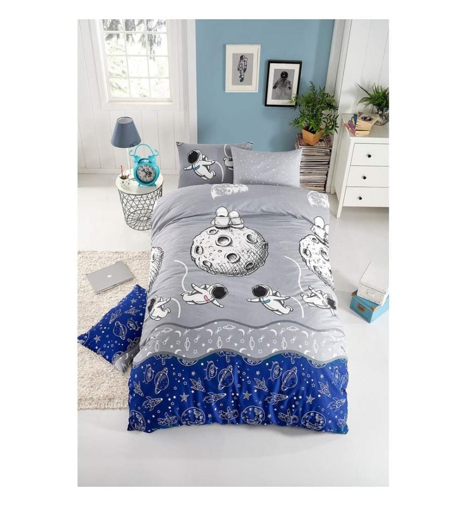 Ensemble housse de couette simple, bleu, gris, blanc, 65 % COTON / 35 % POLYESTER