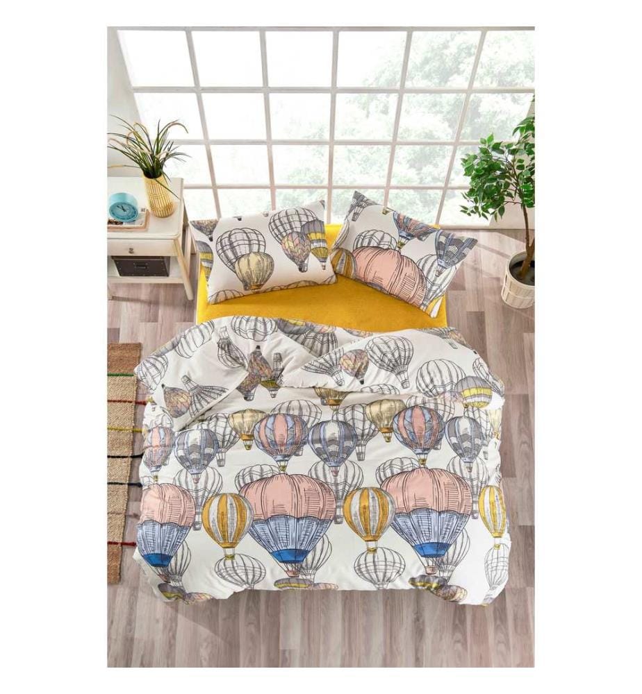Ensemble housse de couette king Ranforce, moutarde, blanc, gris, rose, 100 % COTON RANFORCE