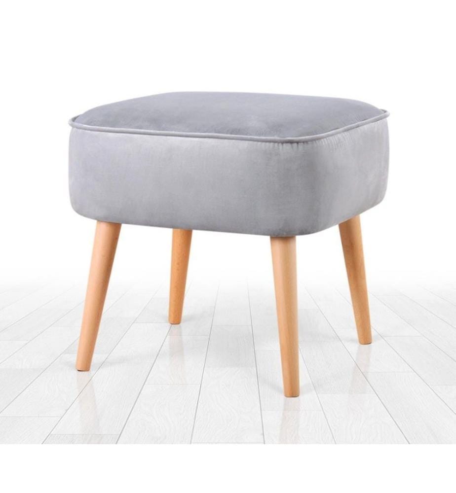 Pouf, gris clair, velours, pieds en bois